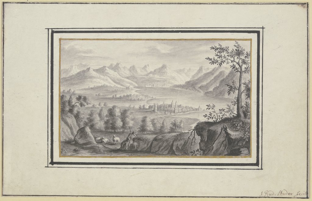 Blick auf einen See zwischen hohen Bergen und eine Stadt auf einer Landzunge, im Vordergrund ein Hirte mit Schafen, Johann Rudolf Studer