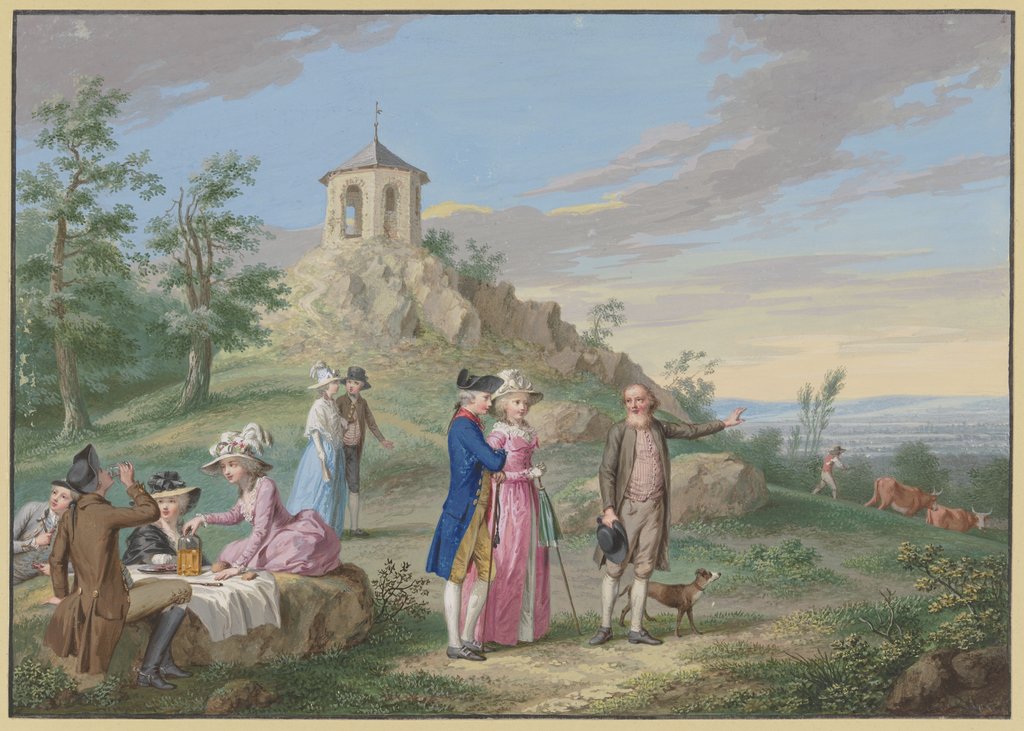 Gesellschaft von Damen und Herren im Freien lagernd, am Fuße eines Hügels mit einem Tempelchen, ein Führer zeigt einem jungen Paar die Landschaft, Johann Friedrich August Tischbein