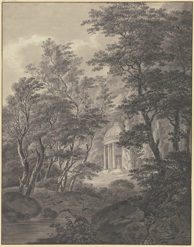 Blick durch die Bäume eines Parks auf ein klassizistisches Tempelchen, Johann Heinrich Troll