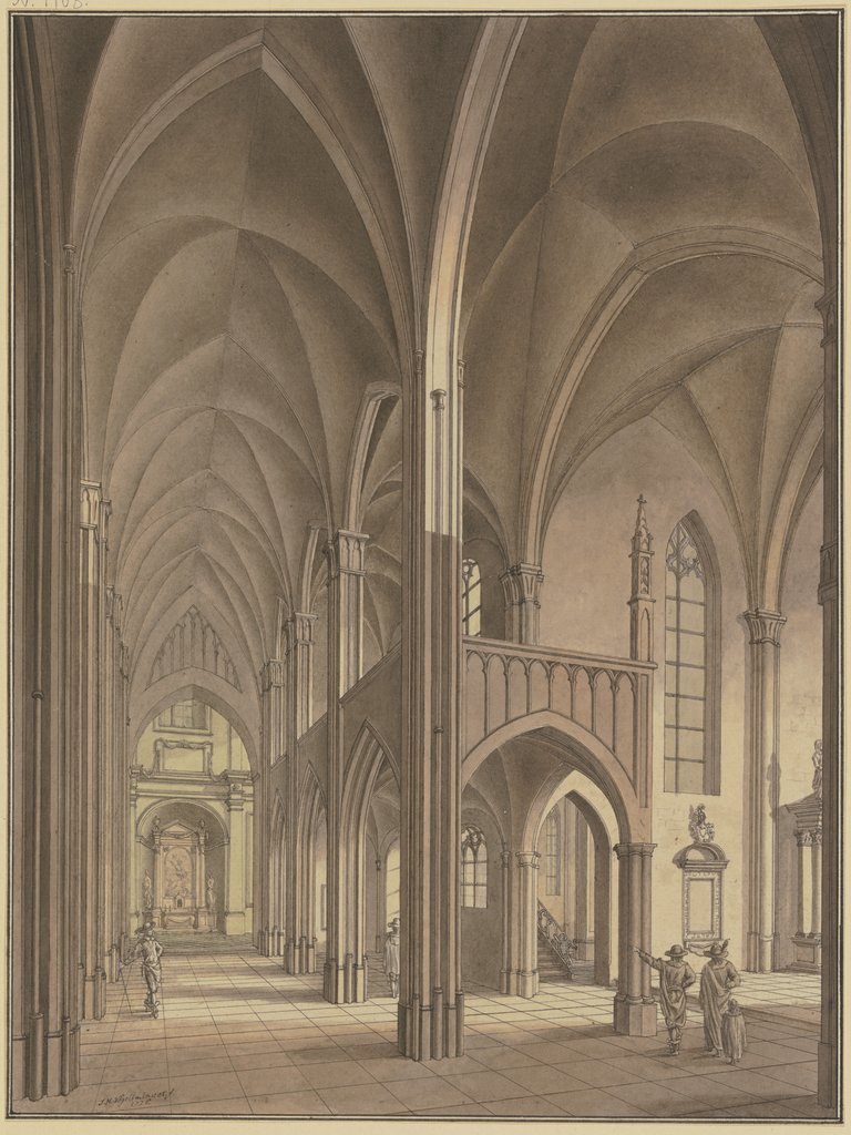 Blick in eine gotische Kirche mit Staffagefiguren in Kostümen des 17. Jahrhunderts, Johann Vögelin