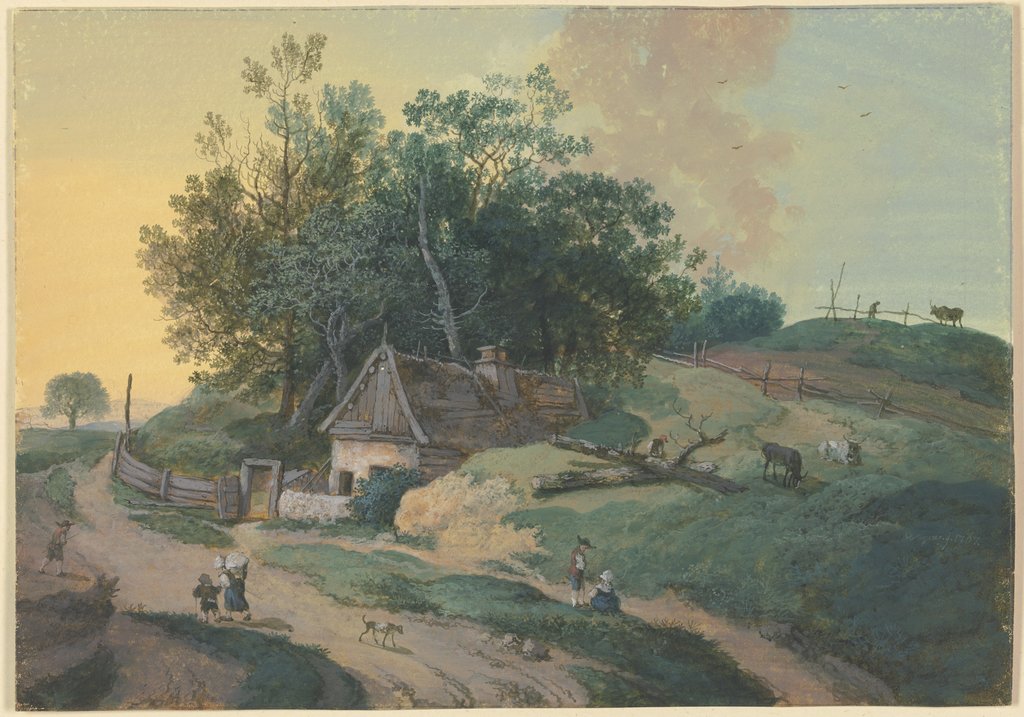 Bauernhaus am Weg unter Bäumen, Staffage von vielen Figuren und weidendem Vieh, Johann Georg Wagner