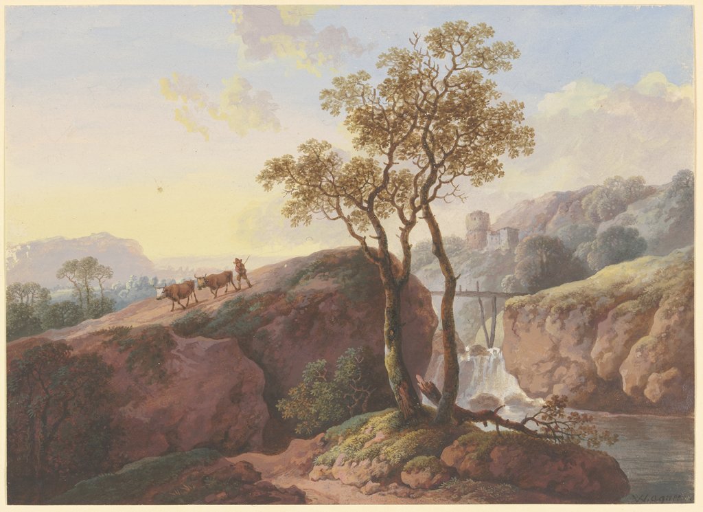 Landschaft mit einem Wasserfall, über den ein Steg führt, links treibt ein Bauer zwei Kühe zu Tal, im Hintergrund eine Ruine, Maria Dorothea Wagner