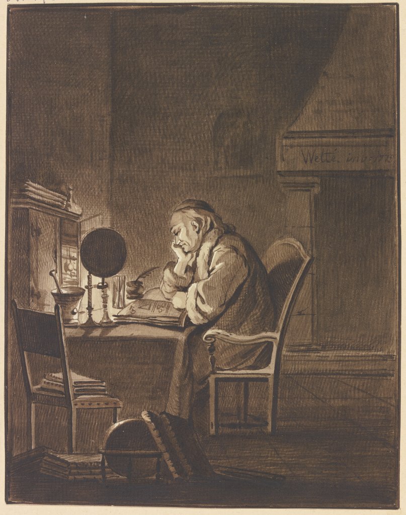 Ein Gelehrter am Tisch sitzend, bei Lampenlicht lesend, Gottlieb Welté