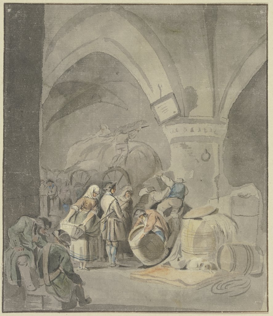 Soldaten und Marketenderinnen in einem Gewölbe mit Fässern und Kisten, Gottlieb Welté