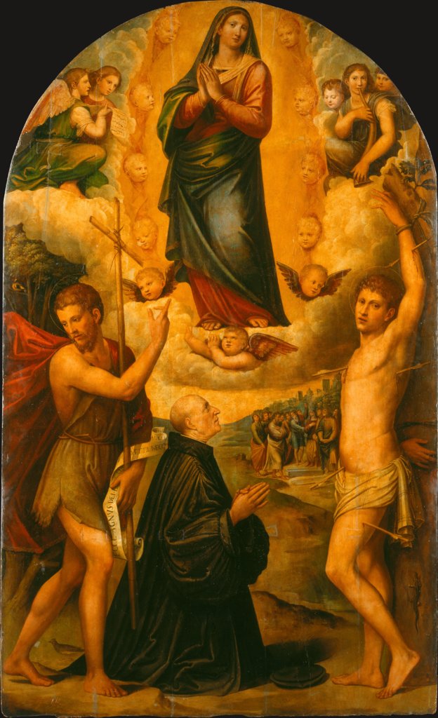 Himmelfahrt Mariens mit Johannes dem Täufer, dem Heiligen Sebastian und einem Stifter, Giacomo Francia, Giulio Francia