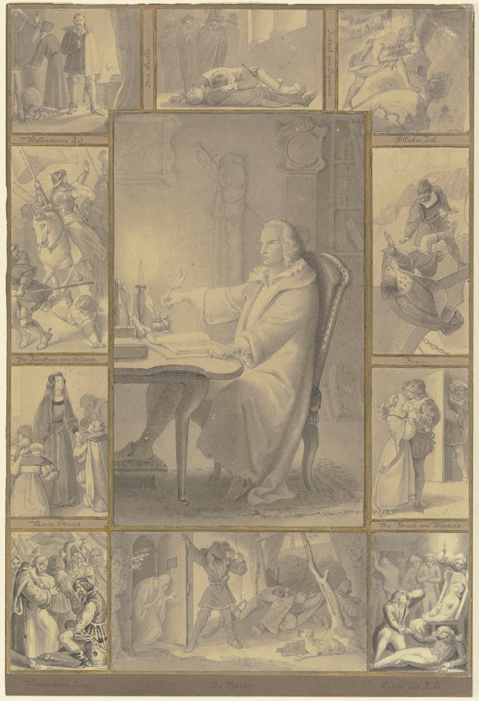 Schiller am Schreibtisch, umgeben von zehn Darstellungen aus seinen Dramen, Alfred Rethel