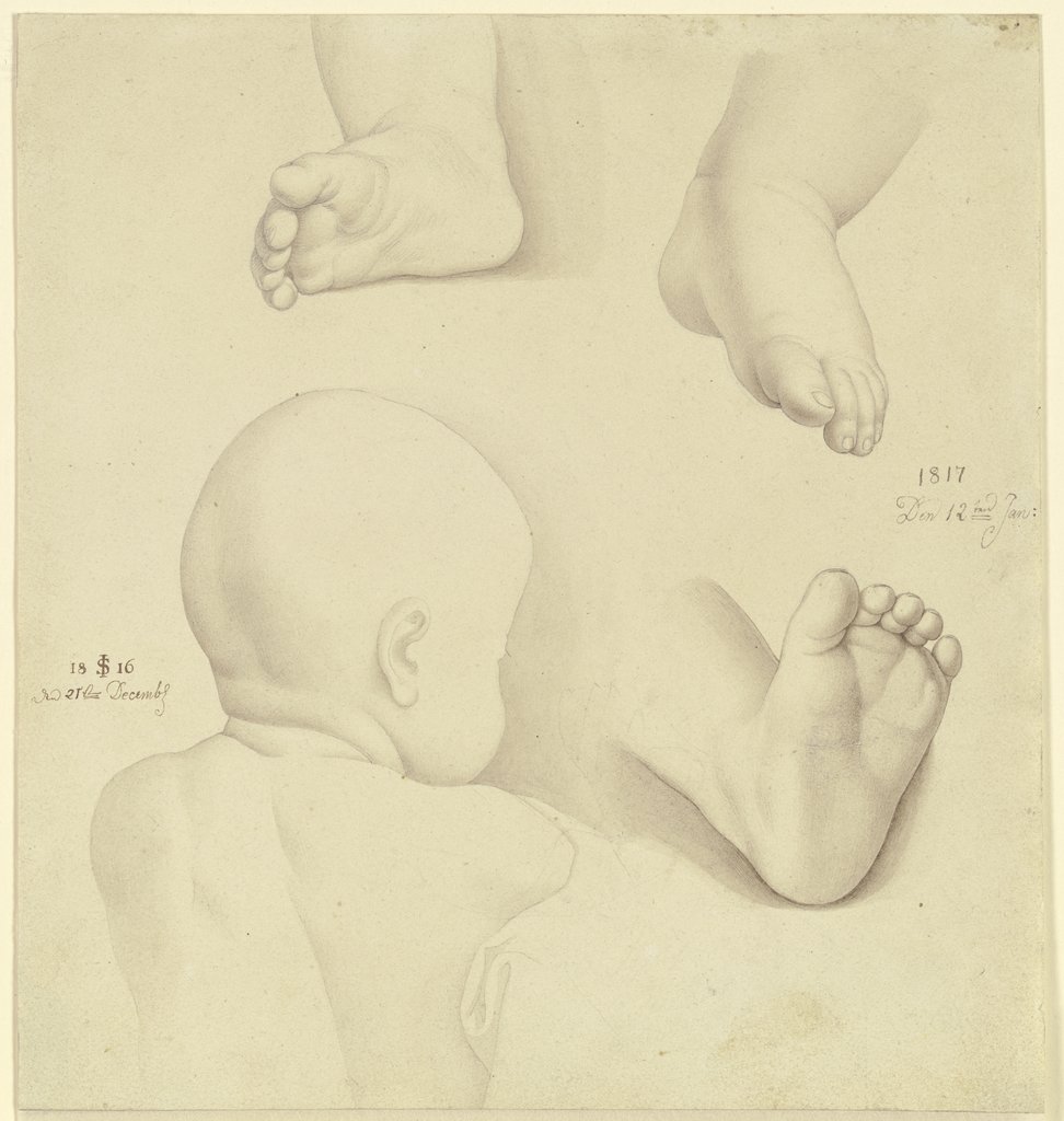 Kopf und Rücken eines kleinen Kindes, drei Kinderfüße, Julius Schnorr von Carolsfeld