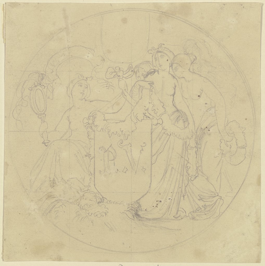 Drei allegorische Frauengestalten umgeben einen Wappenschild mit den Initialen des Künstlerkollegen Philipp Veit, Moritz von Schwind