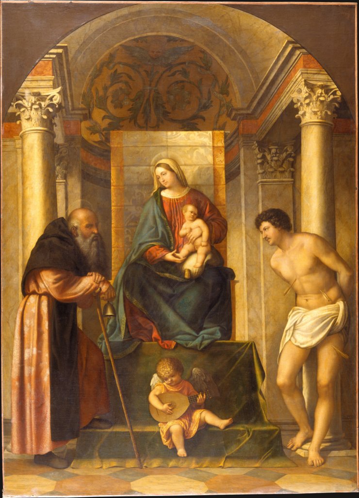 Thronende Madonna mit Kind und den Heiligen Antonius Abbas und Sebastian, Moretto da Brescia;  Umkreis