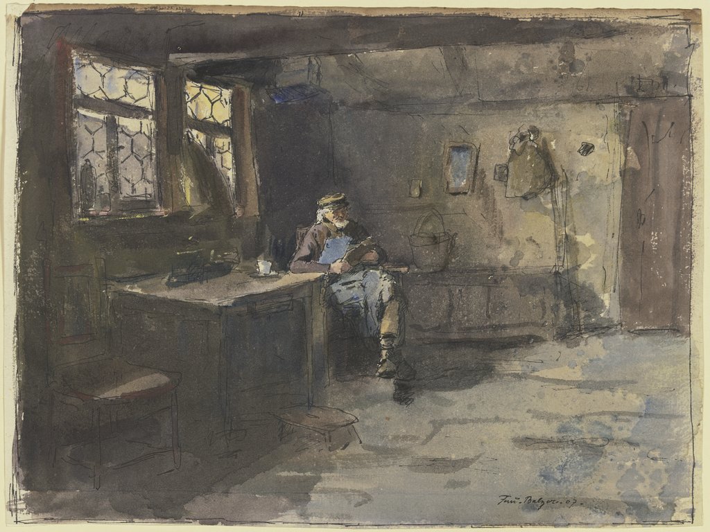 Alter sitzender Mann in einfachem Wohnraum lesend, Ferdinand Balzer