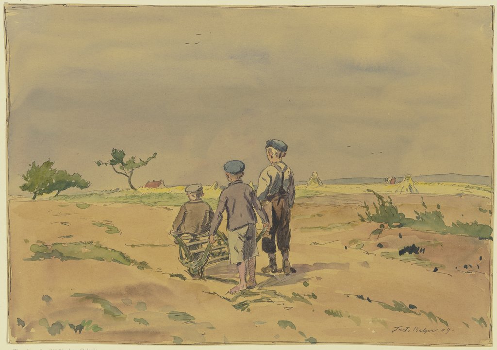 Kinder mit Schubkarren auf einem Landweg, Ferdinand Balzer