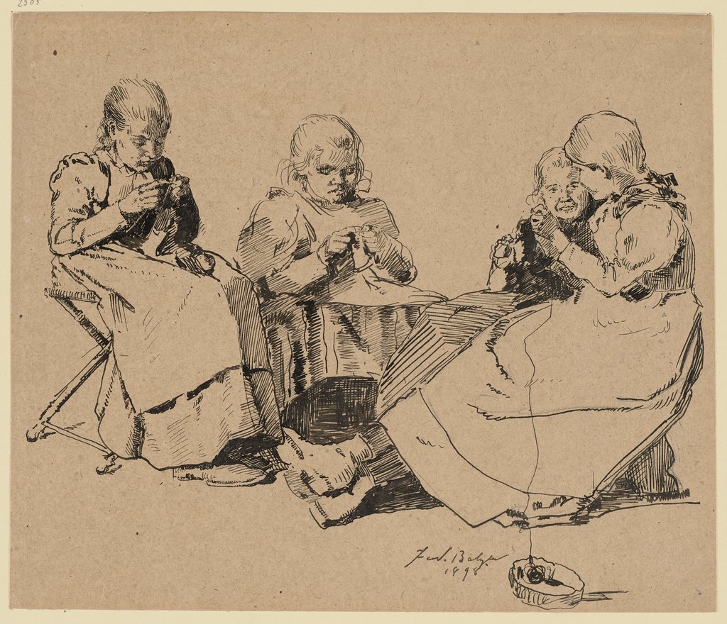 Im Waisenhaus, vier strickende Mädchen, Ferdinand Balzer