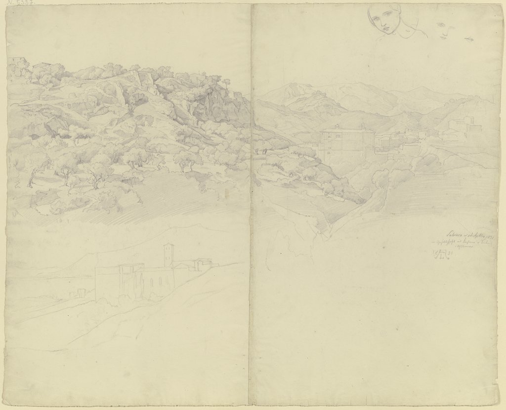 Ansicht von Subiaco, oben rechts Studien eines Mädchenkopfes, August Lucas