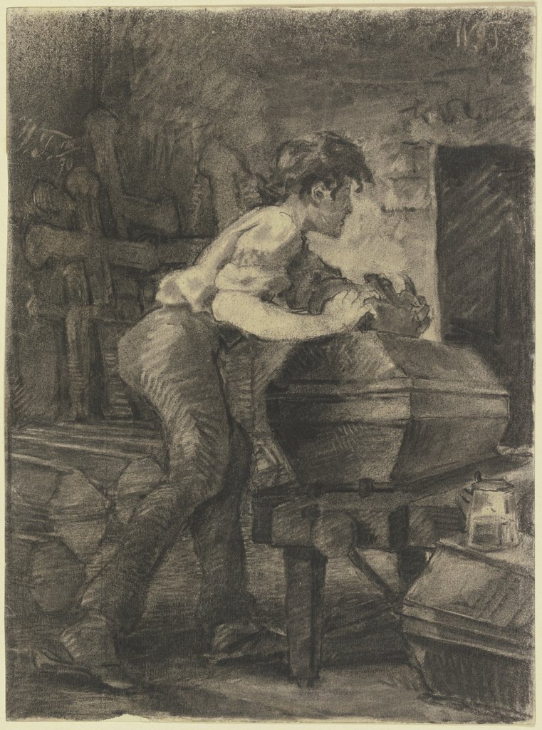 Ein junger Schreiner hobelt in der Werkstatt an einem Sarg, Wilhelm Trübner