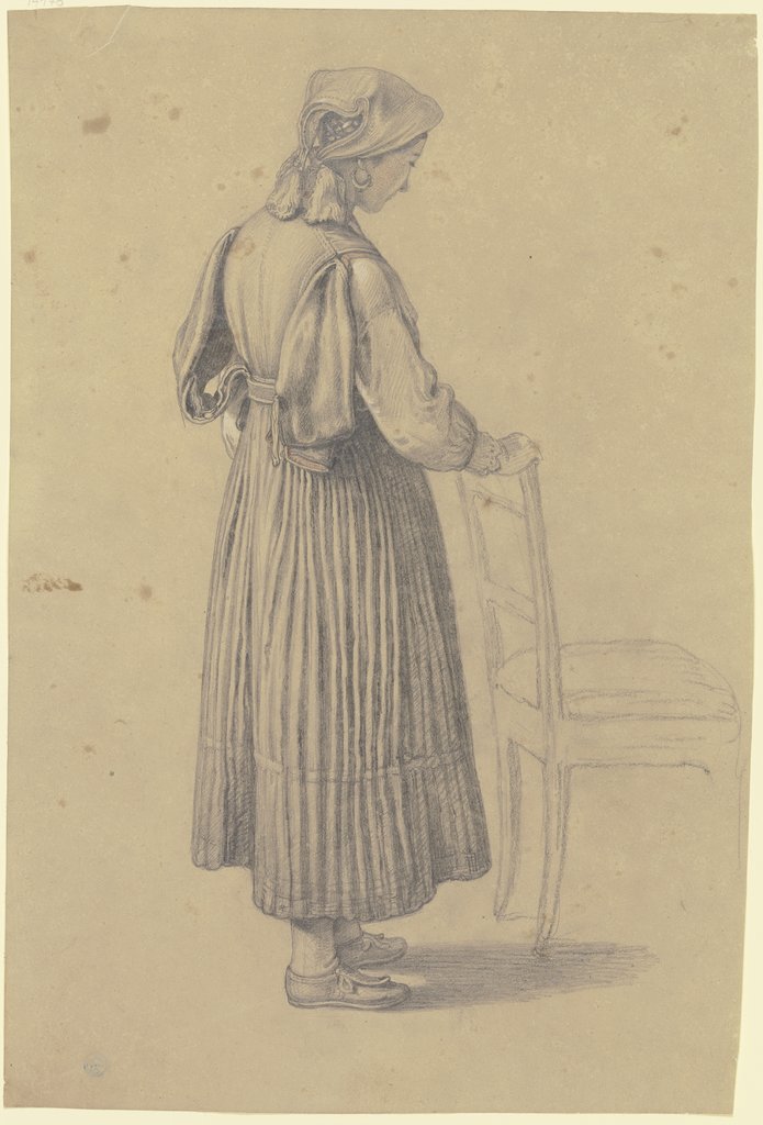 Bauernmädchen im verlorenen Profil, an einem Stuhl stehend, Benjamin Vautier