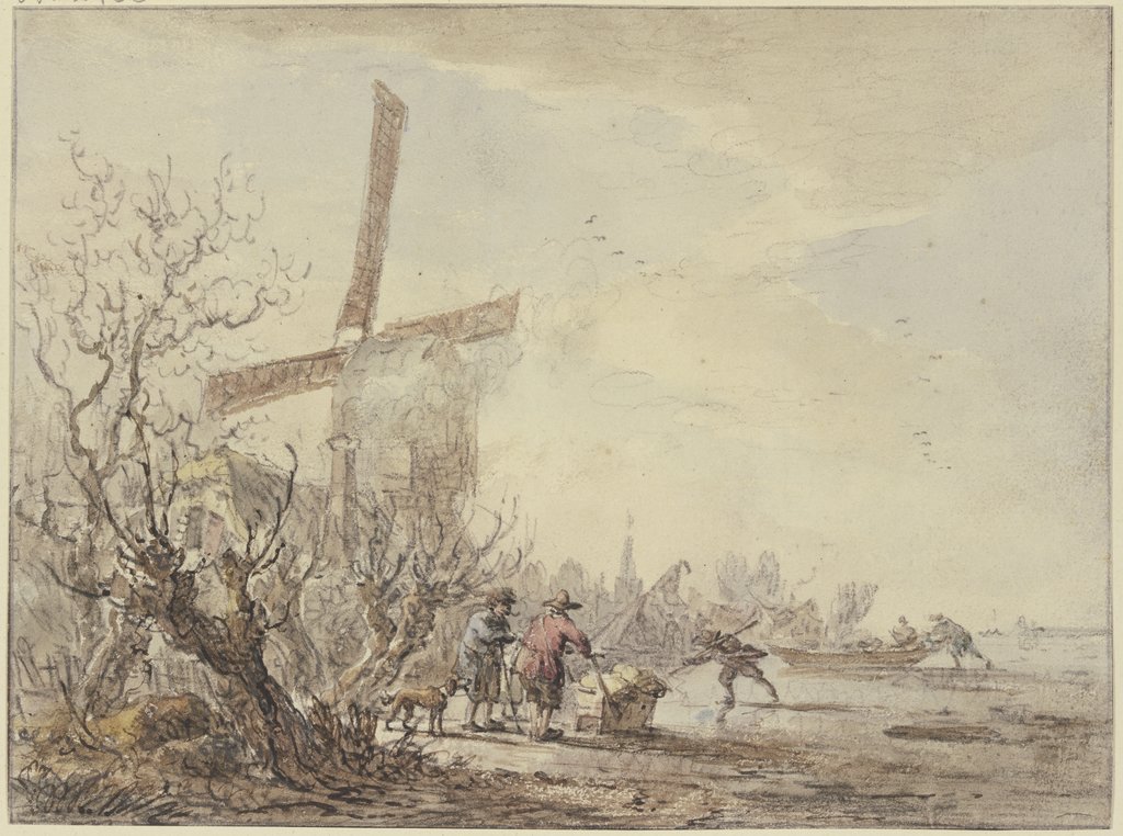 Flußufer mit Windmühle, Jacob van Strij