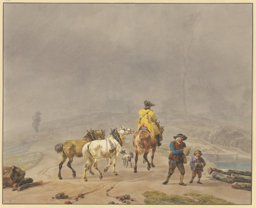 Reitender Postillion mit zwei Handpferden in winterlicher Landschaft, Wilhelm von Kobell