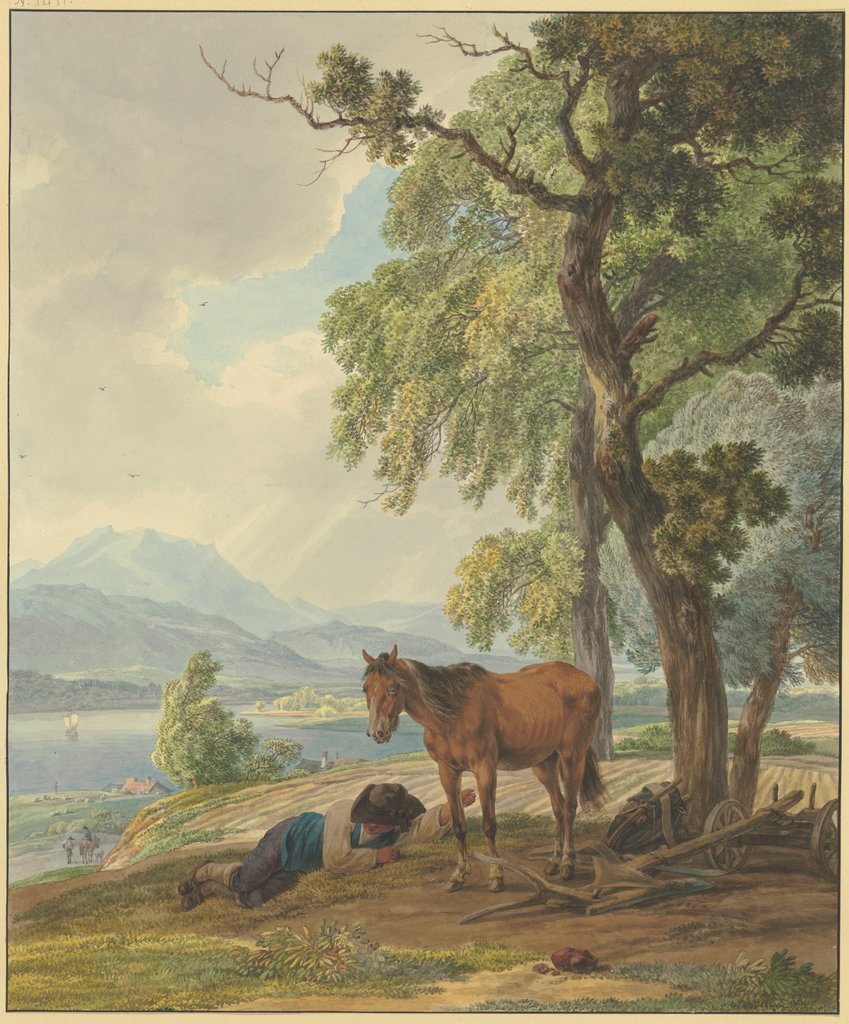 Ruhender Bauer mit seinem Pferd neben dem gepflügten Acker, Wilhelm von Kobell