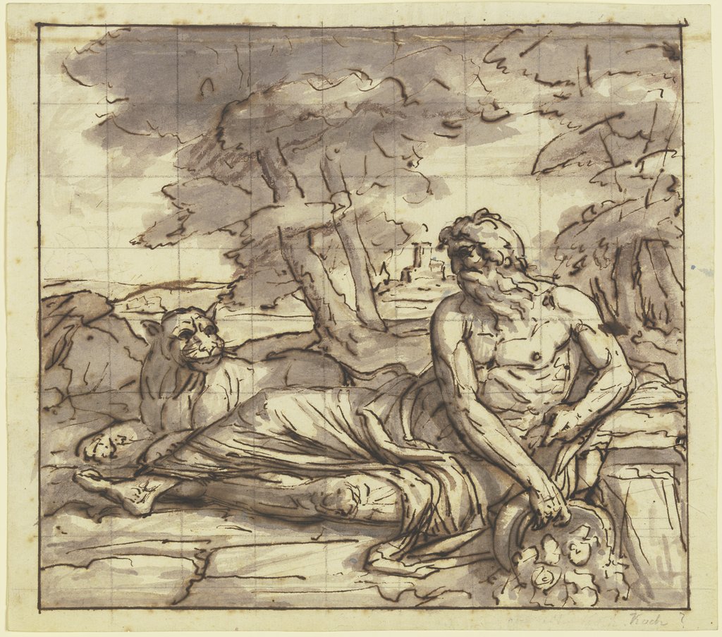 Flußgott Tiber mit Löwin, an der Quelle ruhend, Joseph Anton Koch