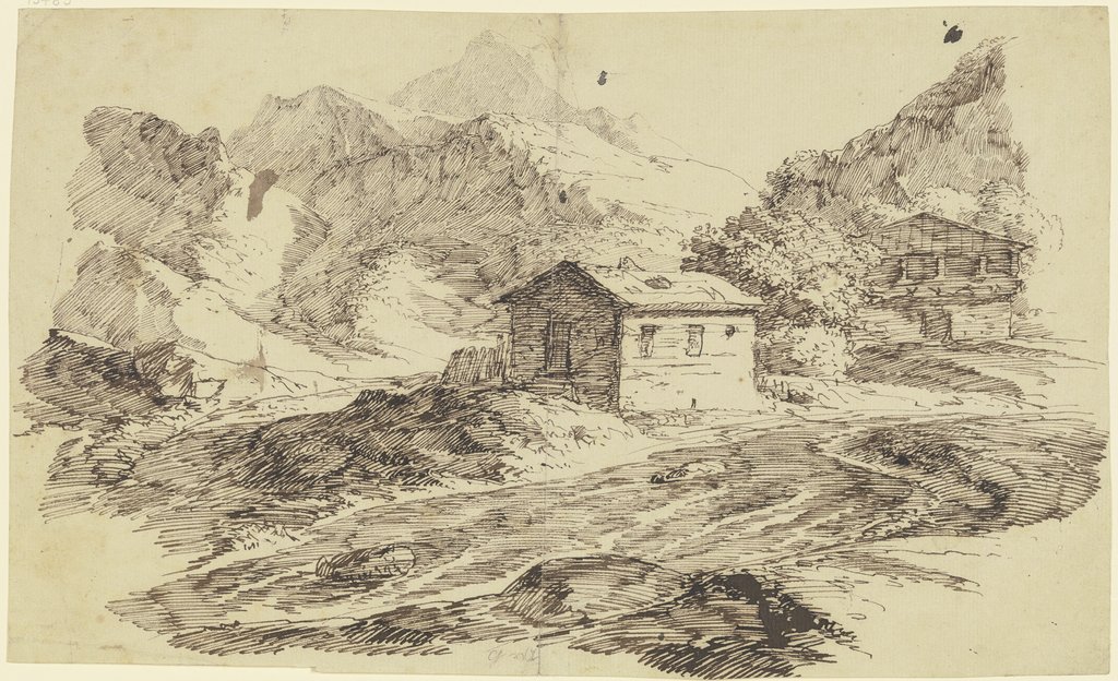 Alpental mit Bach und zwei Almhütten, Carl Friedrich von Rumohr