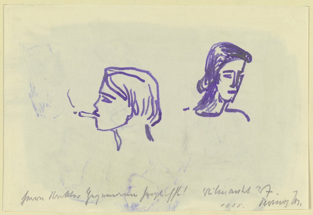Zwei Mädchenköpfe, der linke eine Zigarette rauchend, Josef Dering