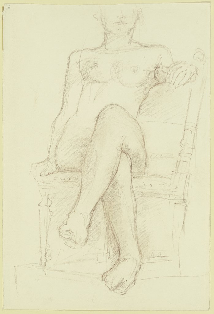 Weiblicher Akt in Vorderansicht, auf antikem Stuhl sitzend, Charles Despiau