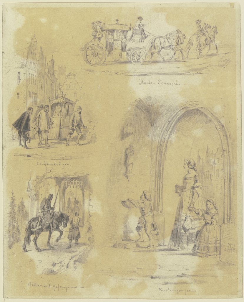 Studienblatt: eine Staatskarosse, Sänftenträger, ein Ritter mit seinem Gefangenen, Kirchgänger, Theodor Hosemann