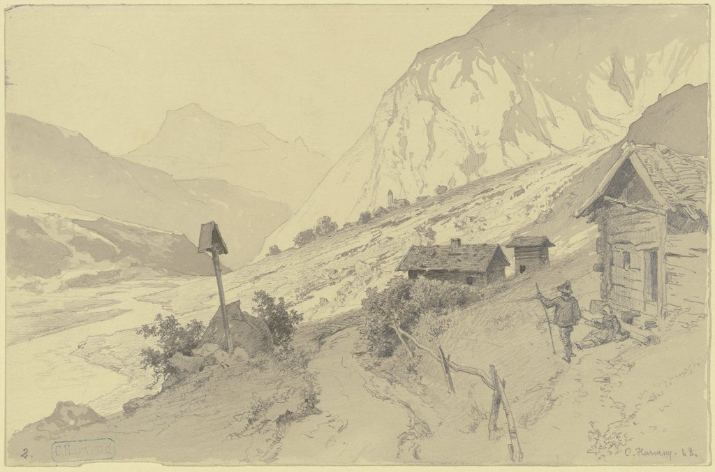 Flusstal im Gebirge, rechts Hütten, davor Mann und Frau, Karl Friedrich Harveng