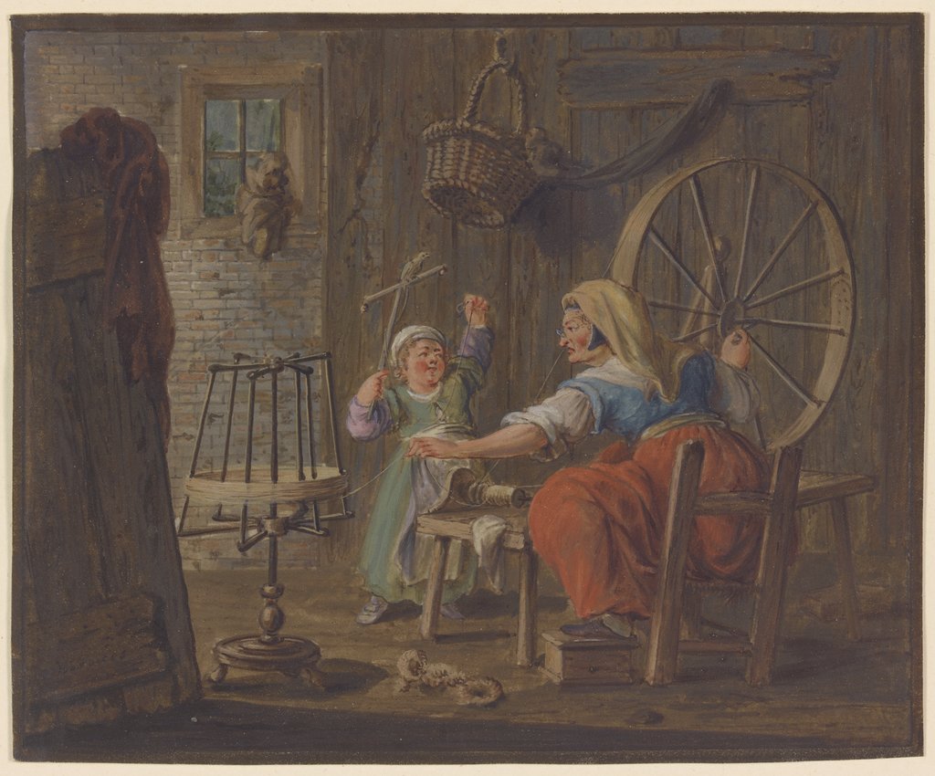 Eine alte Frau haspelt Garn, dabei ein Kind mit einem Vogel, Pieter Bartholomeusz. Barbiers