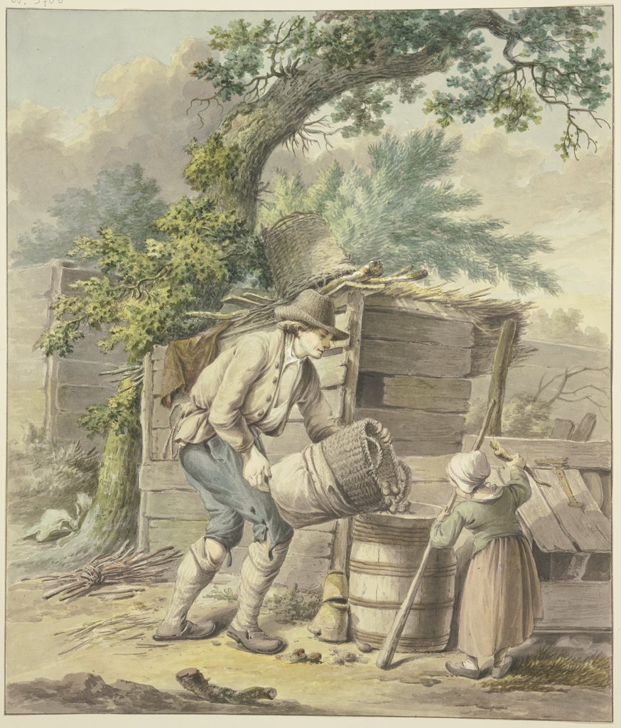 Ein Bauer schüttet Kartoffeln in ein Faß, dabei hilft ein Kind, Pieter Bartholomeusz. Barbiers