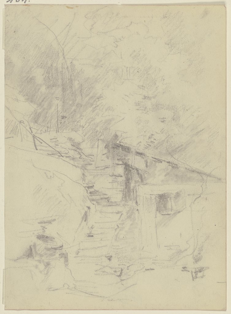 Schuppen und Treppe, Wald im Hintergrund, Anton Burger