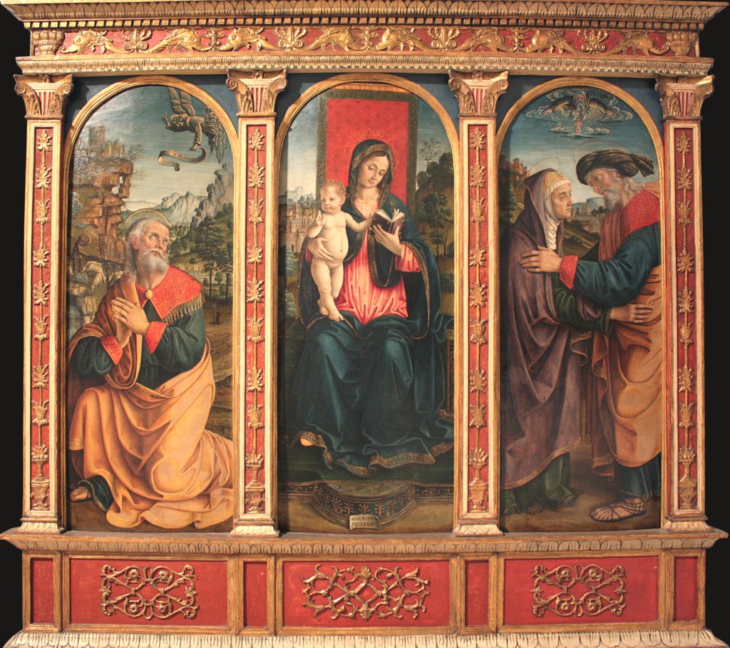 Madonna mit Kind, Verheißung an Joachim, Begegnung Joachims und Annas an der Goldenen Pforte, Macrino d'Alba