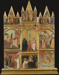 Kreuzigung Christi, thronende Madonna mit Kind und heiligem Diakon sowie Szenen aus den Legenden der Heiligen Matthäus und des Evangelisten Johannes
