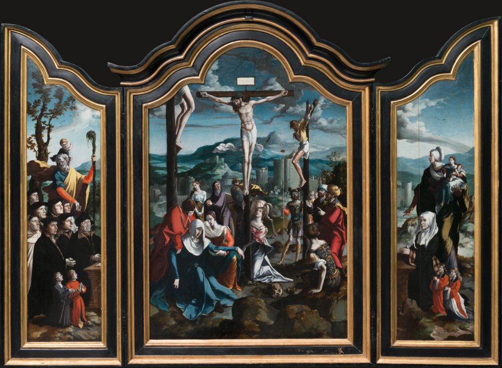 Triptychon mit der Kreuzigung Christi, Heiligen und Stifterfamilie, Nordniederländischer Meister um 1530, Jan Swart;   ?