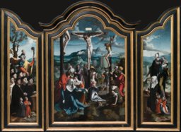Triptychon mit der Kreuzigung Christi, Heiligen und Stifterfamilie