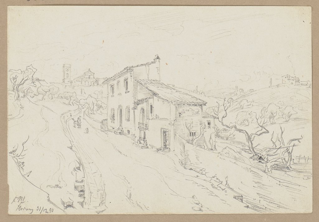 An einem Haus vorbeiführende Landstraße, im Hintergrund San Miniato al Monte in Florenz, Friedrich Metz
