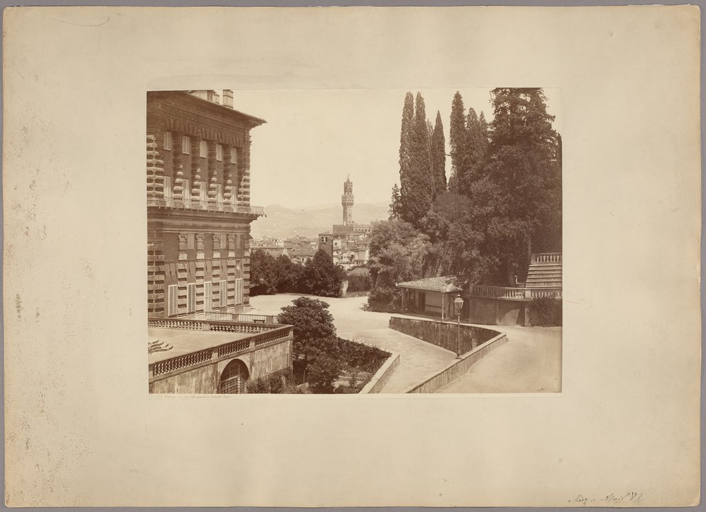 Florenz: Blick vom Garten des Palazzo Pitti auf den Palazzo Vecchio, Fratelli Alinari, Romualdo Alinari, Leopoldo Alinari, Giuseppe Alinari