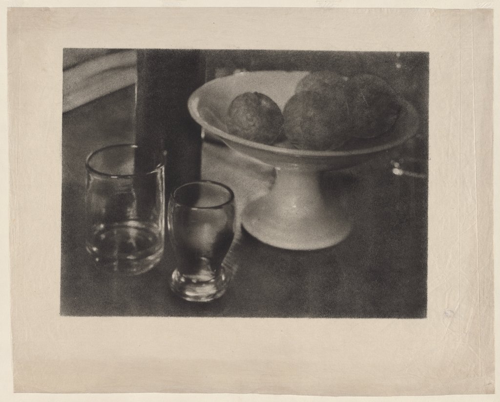 Still Life with Fruit Bowl, Bottle and Glasses, Heinrich Kühn