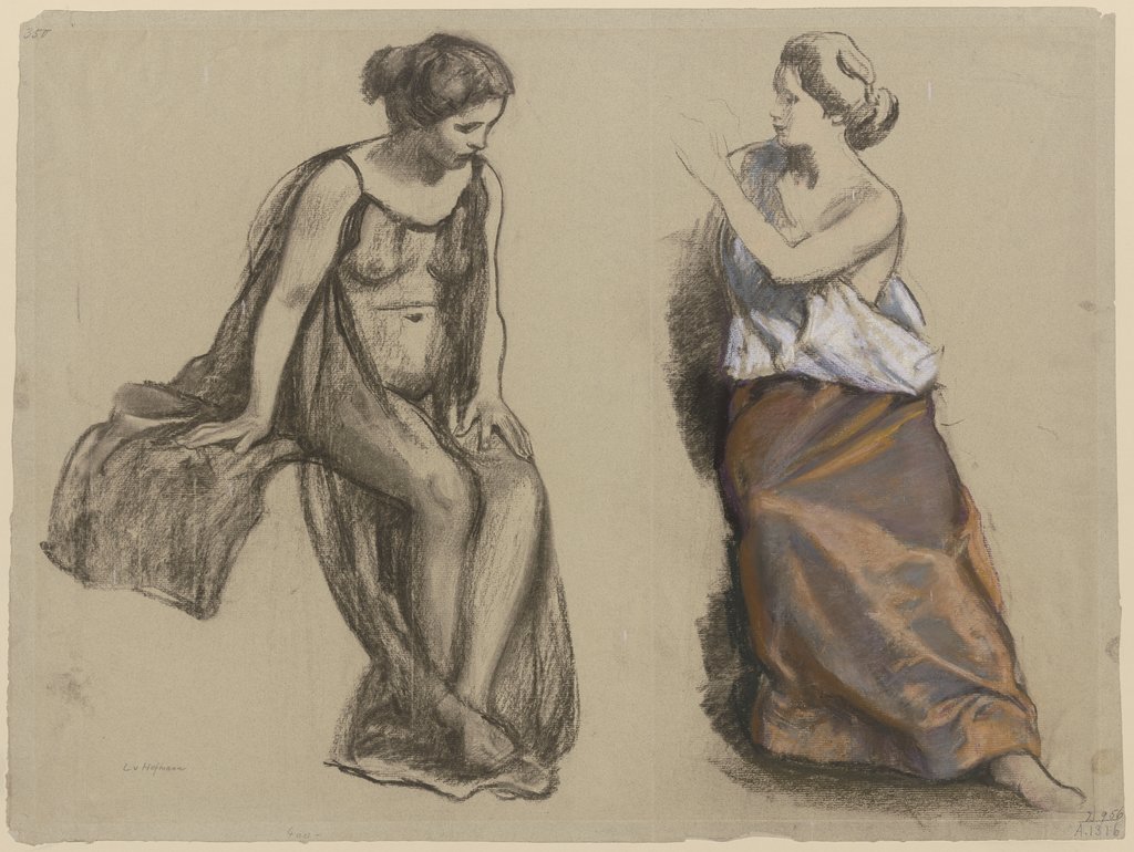Studienblatt: Zwei Frauen, sitzend, in unterschiedlicher Bekleidung, Ludwig von Hofmann