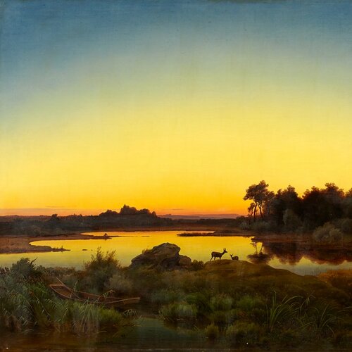 Rehe in Landschaft mit Sonnenuntergang, Anton Zwengauer