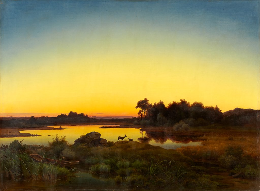 Rehe in Landschaft mit Sonnenuntergang, Anton Zwengauer