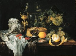 Jan Davidsz. de Heem, Prunkstillleben mit Früchten, Pastete und Trinkgeschirr, 1651