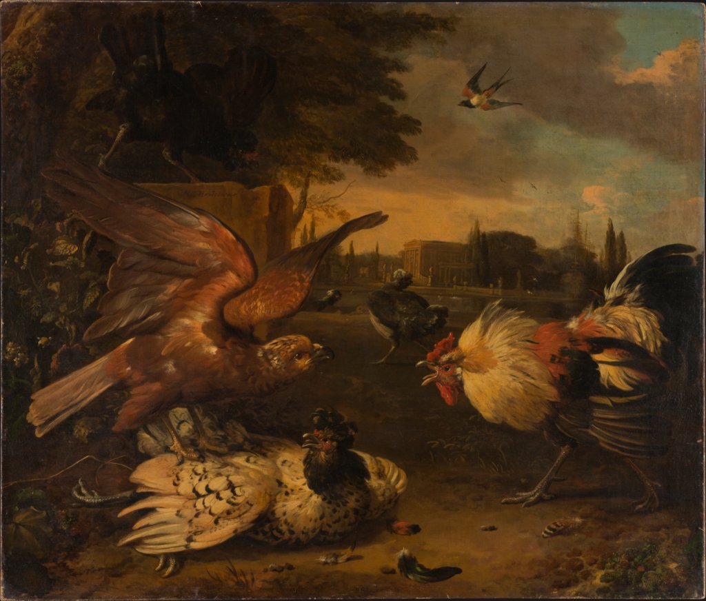 Ein Hahn verteidigt eine von einem Falken geschlagene Henne, Melchior de Hondecoeter