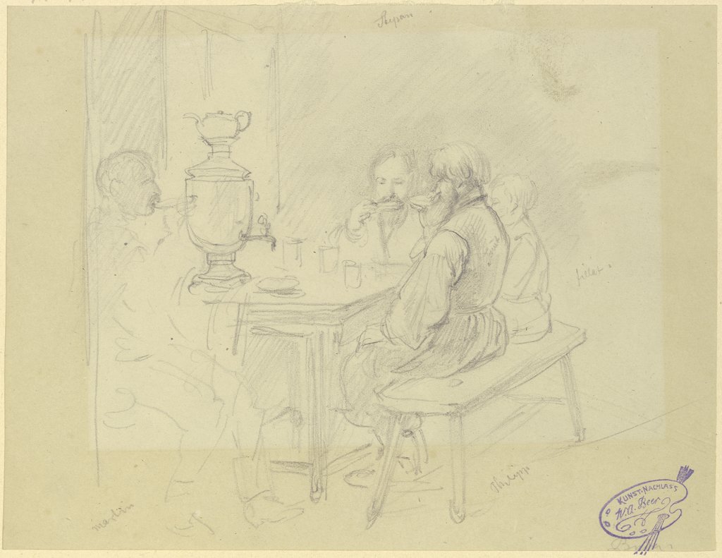 Russian peasants having tea, Wilhelm Amandus Beer