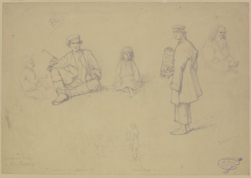 Studienblatt: verschiedene im Gras stehende und sitzende Figuren, Wilhelm Amandus Beer