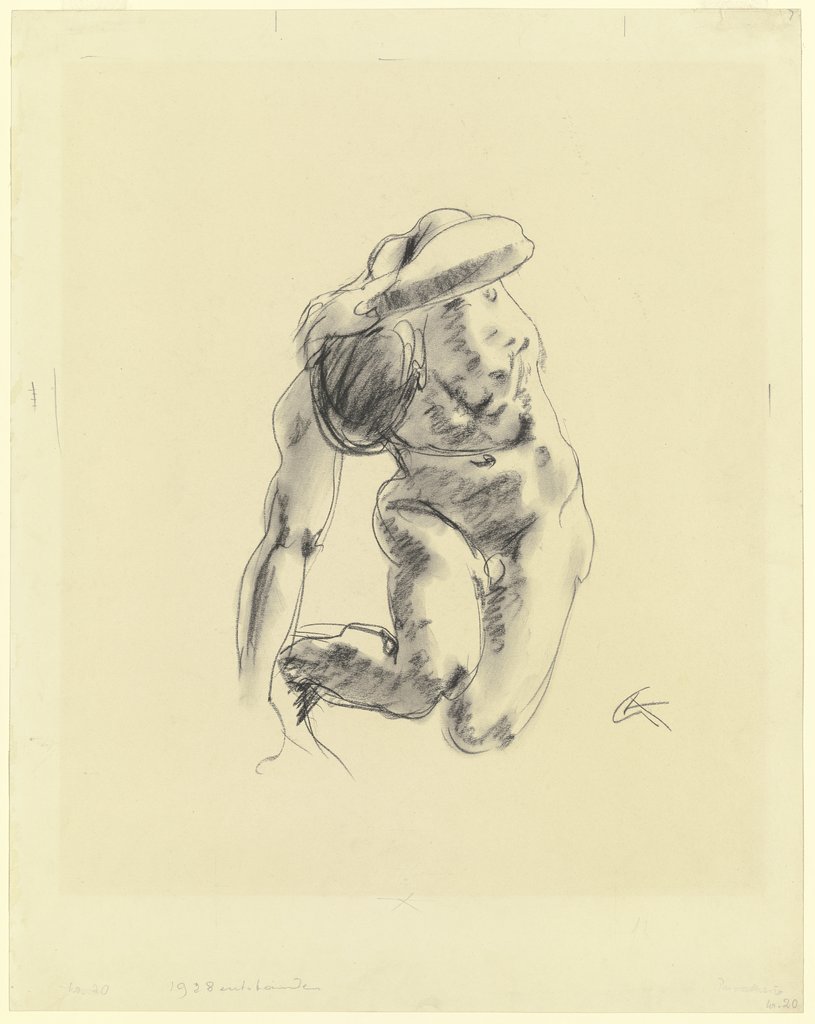 Kniender männlicher Akt, vornübergebeugt, den linken Arm hinter den gesenkten Kopf gelegt, Georg Kolbe