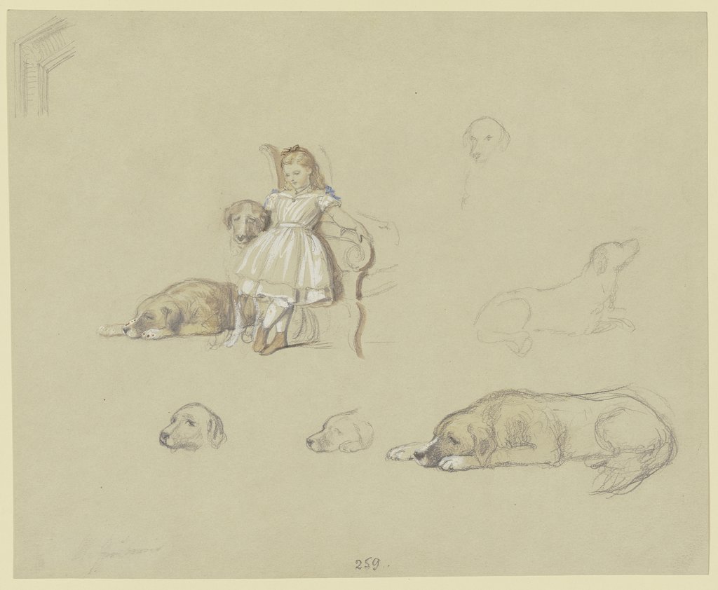 Sieben Hundestudien, in der Mitte Töchterchen mit Hund an Sessel gelehnt, Wilhelm Amandus Beer