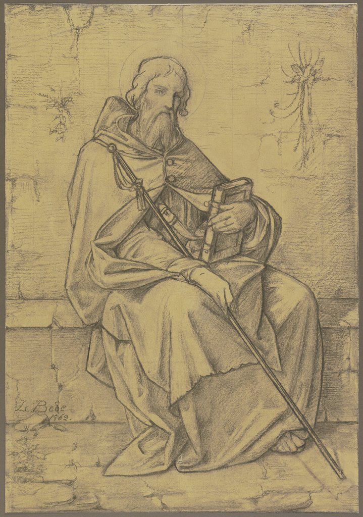 Der Heilige Thomas von Aquin in ganzer Figur an alten Gemäuern sitzend, Leopold von Bode
