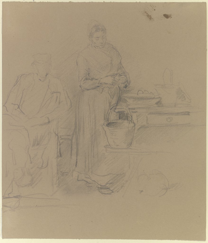 Kartoffeln schälende Bauersfrau, neben ihr sitzend ein Mann, Anton Burger