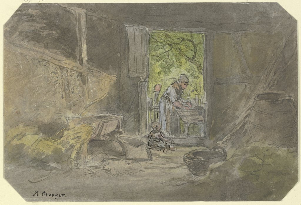 Bauernsscheune, vor der geöffneten Tür am Waschtrog eine Frau beschäftigt, Anton Burger